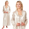 plain gold silky shiny satin and lace matching string adjustable strap nightdress and dressing gown robe set which is full length in UK plus sizes 14, 16, 18, 20, 22, 24, 26, 28
