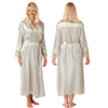 ladies plain gold cream silky shiny satin and lace full length dressing gown, bathrobe, wrap, kimono with full length sleeves trimmed with lace in UK plus sizes 14, 16, 18, 20, 22, 24, 26, 28