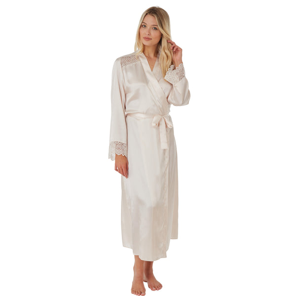 ladies plain light gold cream silky shiny satin and lace full length dressing gown, bathrobe, wrap, kimono with full length sleeves trimmed with lace in UK sizes 14, 16,