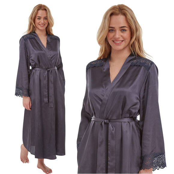 ladies plain dark grey charcoal silky shiny satin and lace full length dressing gown, bathrobe, wrap, kimono with full length sleeves trimmed with lace in UK sizes 14, 16, 18, 20, 22, 24
