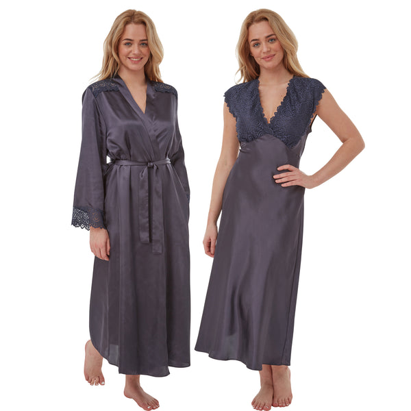 plain slate charcoal grey silky shiny satin and lace matching wide strap nightdress and dressing gown robe set which is full length in UK sizes 14, 16, 18, 20