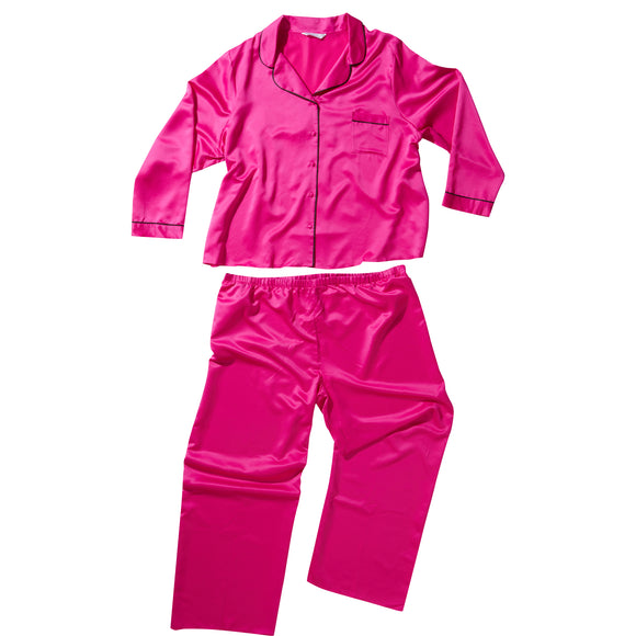 plain hot pink mat satin pjs set. They have a shirt style top with full length sleeves, a collar, top pocket and button up front. The trousers are full length with an elasticated waist band in UK plus sizes 26, 28