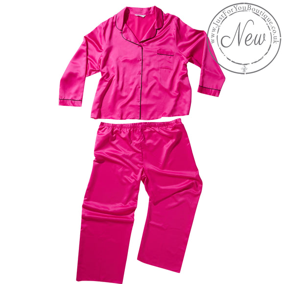 plain hot pink mat satin pjs set. They have a shirt style top with full length sleeves, a collar, top pocket and button up front. The trousers are full length with an elasticated waist band in UK plus sizes 26, 28