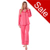 plain hot pink mat satin pjs set consisting of a shirt style top with full length sleeves, a collar, top pocket and a button up front with matching full length trousers in UK sizes 10, 12, 