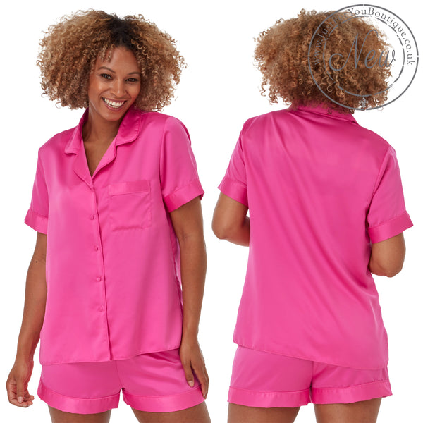 Plain hot pink matt satin pjs set and they consist of a shirt style top with a collar, top pocket and button up front and short sleeves with matching shorts with an elasticated waist band. In UK size 10, 12, 14, 16, 18, 20