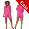 Plain hot pink matt satin pjs set and they consist of a shirt style top with a collar, top pocket and button up front and short sleeves with matching shorts with an elasticated waist band. In UK size 10, 12, 14, 16, 18, 20