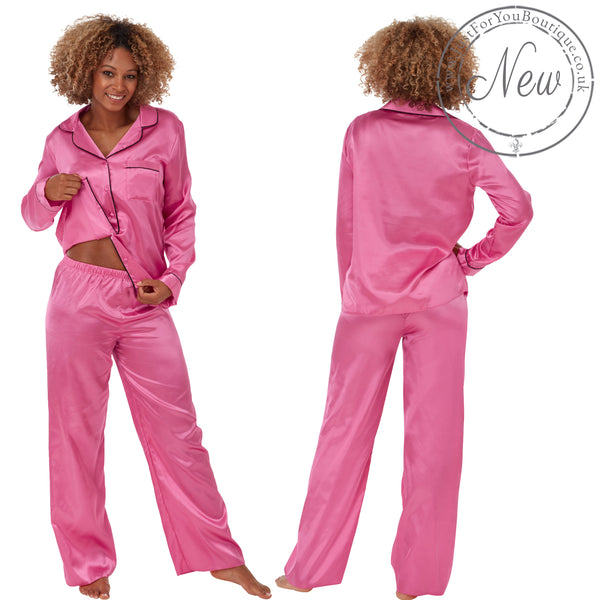 Plain hot pink silky shiny satin pjs set. They have a shirt style top with full length sleeves, a collar, top pocket and button up front. The trousers are full length with an elasticated waist band in UK plus sizes 18, 20, 22, 24, 26, 28