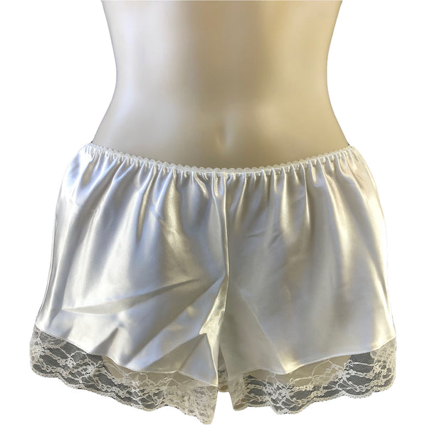 plain ivory white satin and lace French knickers shorts in UK plus size 8, 12, 14, 16, 18, 20, 22, 24
