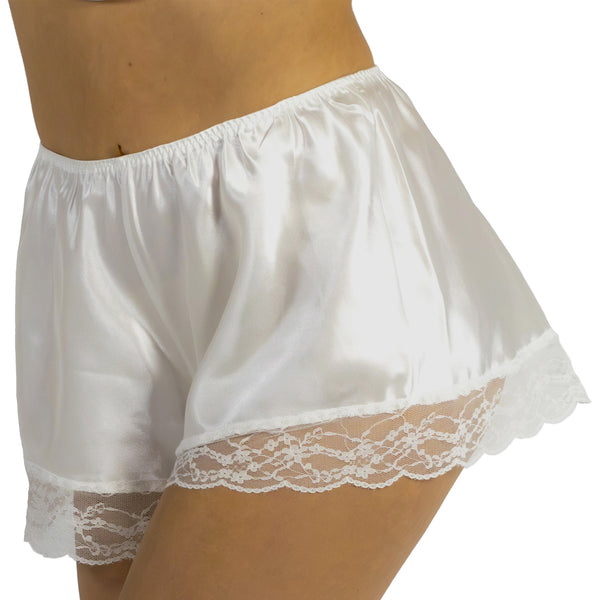 plain ivory white silky shiny satin and lace trim French knickers style shorts in UK plus sizes 8, 2, 14, 16, 18, 20, 22, 24, 26, 28, 30, 32, 34, 36, 38