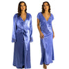 ladies light blue silky shiny satin and lace matching wide strap nightdress and dressing gown robe set which is full length in UK plus sizes 14, 16, 18, 20, 22, 24, 26, 28