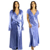 ladies light blue silky shiny satin and lace matching wide strap nightdress and dressing gown robe set which is full length in UK plus sizes 18, 20, 22, 24, 26, 28