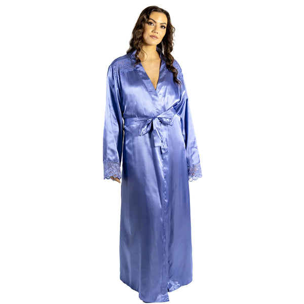 ladies plain light blue silky shiny satin and lace full length dressing gown, bathrobe, wrap, kimono with full length sleeves trimmed with lace in UK plus sizes 18, 20, 22, 24, 26, 28