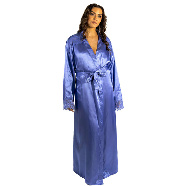 ladies plain light blue silky shiny satin and lace full length dressing gown, bathrobe, wrap, kimono with full length sleeves trimmed with lace in UK plus sizes 14, 16, 18, 20, 22, 24, 26, 28
