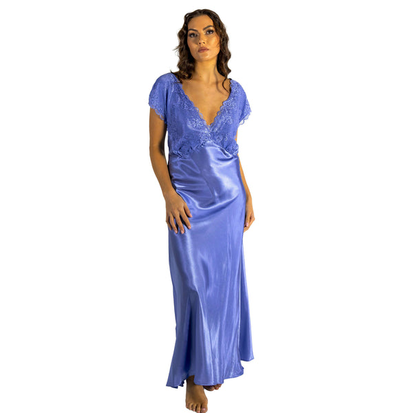 long full length silky shiny satin and lace chemise nightdress with wide fixed straps in a plain light blue style in UK plus sizes 10, 12, 14, 16, 18, 20, 22, 24, 26, 28,