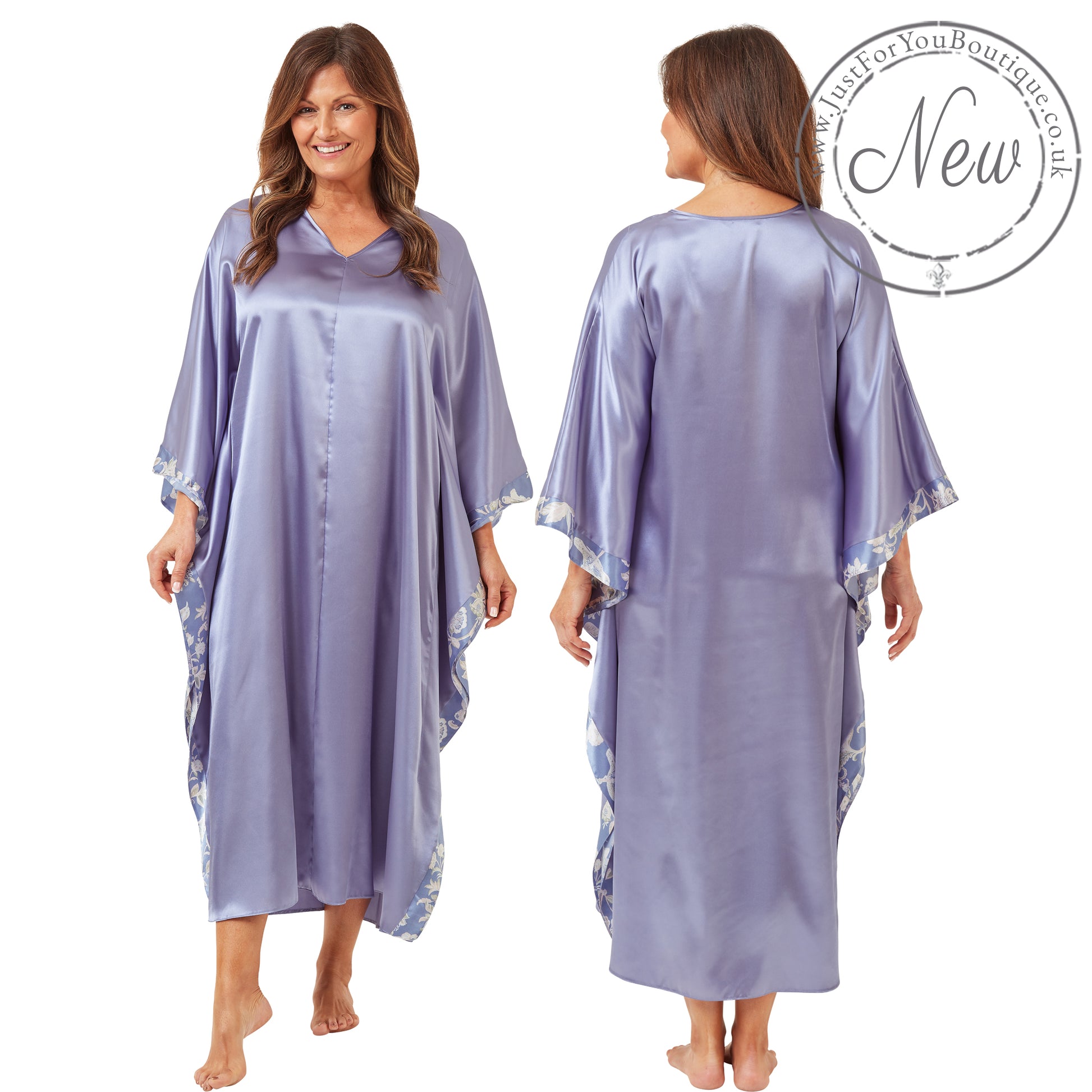 ladies plain light blue silky shiny satin and lace full length kimono with full length sleeves trimmed with floral satin in UK plus sizes 18, 20, 22, 24, 26, 28