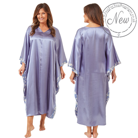 ladies plain light blue silky shiny satin and lace full length kimono with full length sleeves trimmed with floral satin in UK plus sizes 18, 20, 22, 24, 26, 28