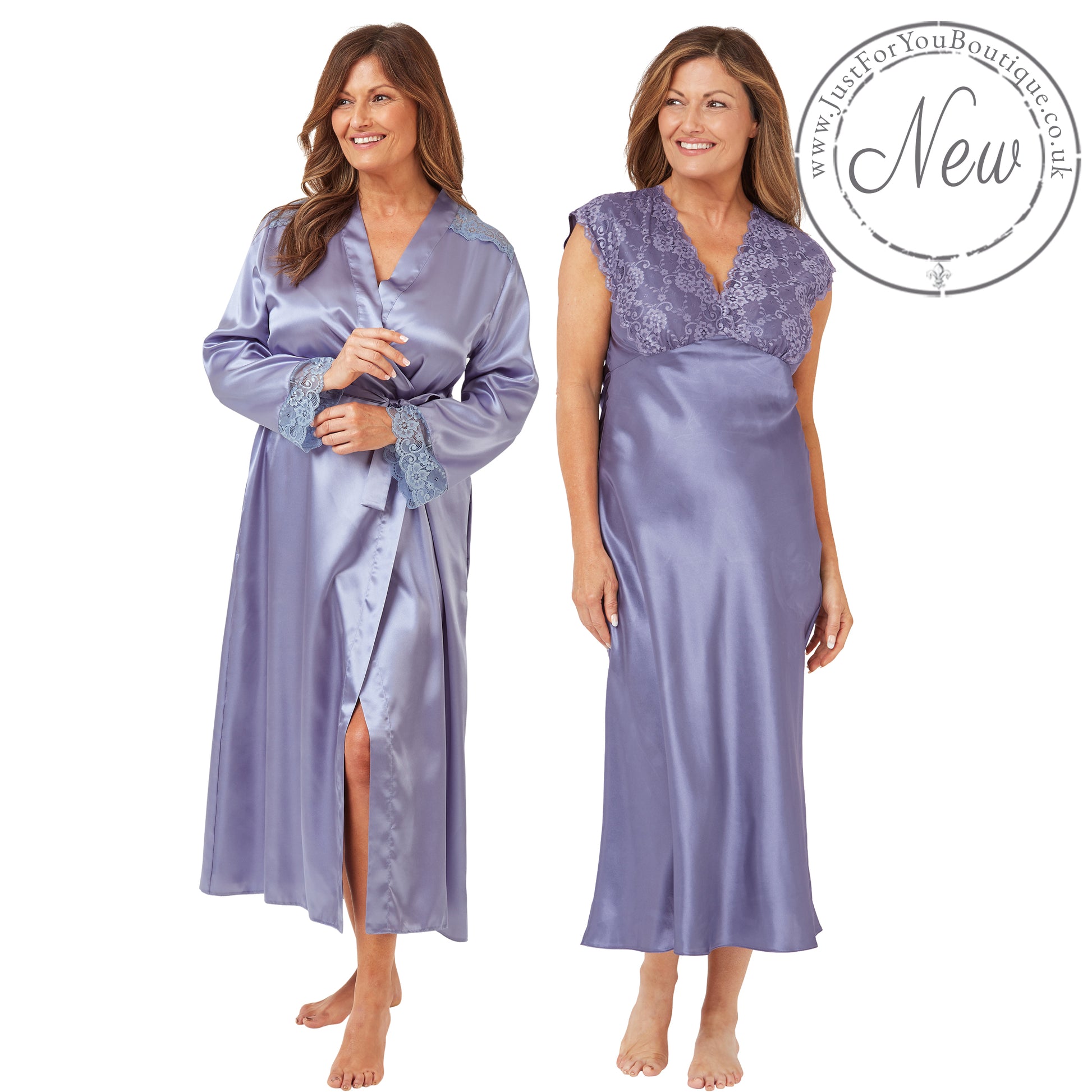 light blue silky shiny satin and lace matching wide strap nightdress and dressing gown robe set which is full length in UK plus sizes 18, 20, 22, 24, 26, 28