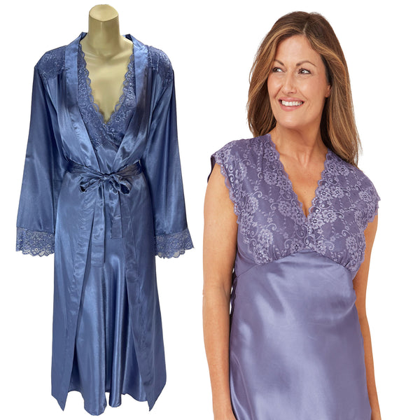 Boutique Nightwear Matching Plain Light Blue Sexy Satin Long