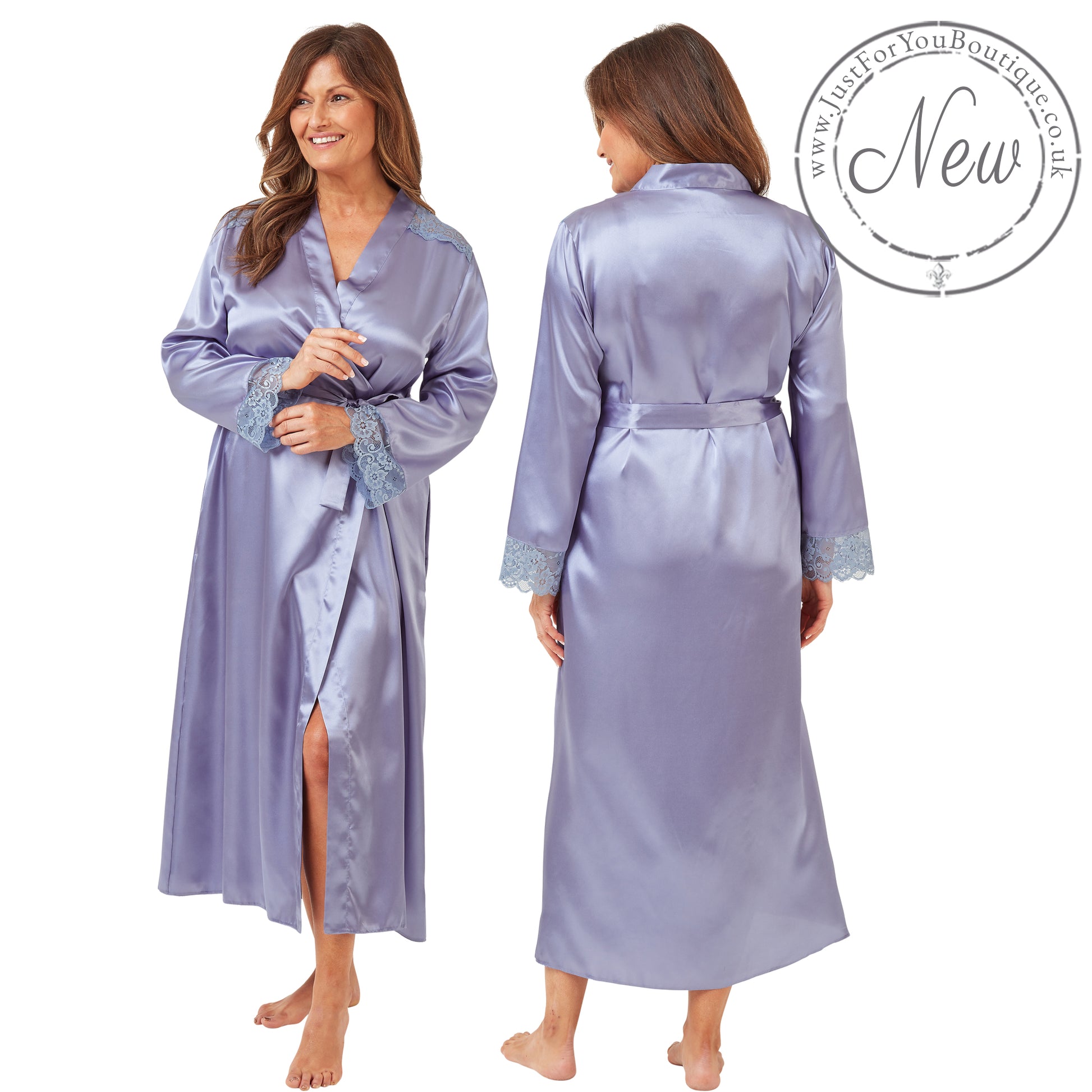 ladies plain light blue silky shiny satin and lace full length dressing gown, bathrobe, wrap, kimono with full length sleeves trimmed with lace in UK plus sizes 18, 20, 22, 24, 26, 28