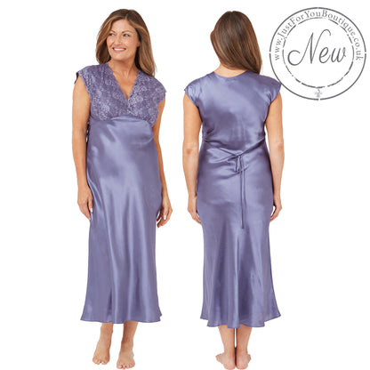 long full length silky shiny satin and lace chemise nightdress with wide fixed straps in a plain light blue style in UK plus sizes 18, 20, 22, 24, 26, 28,