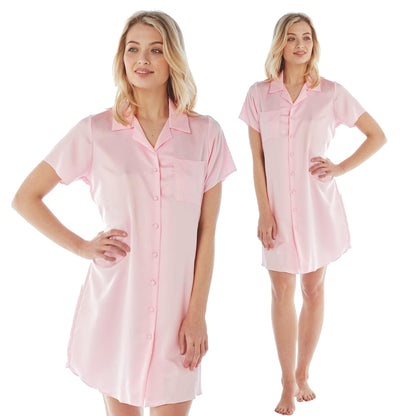 plain pink mat satin nightshirt with a button front, collar, top pocket, short sleeve and shirt style hem in UK sizes 14, 18,