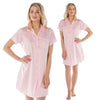 plain pink mat satin nightshirt with a button front, collar, top pocket, short sleeve and shirt style hem in UK sizes 14, 18,