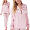 plain light pink mat satin pjs set consisting of a shirt style top with full length sleeves, a collar, top pocket and a button up front with matching full length trousers in UK sizes 8, 10, 12, 14, 16,