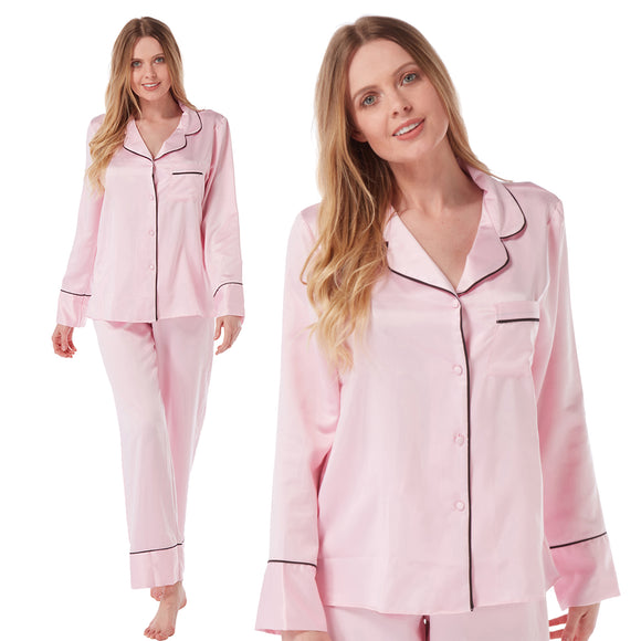 plain light pink mat satin pjs set consisting of a shirt style top with full length sleeves, a collar, top pocket and a button up front with matching full length trousers in UK sizes 8, 10, 12, 14, 16,