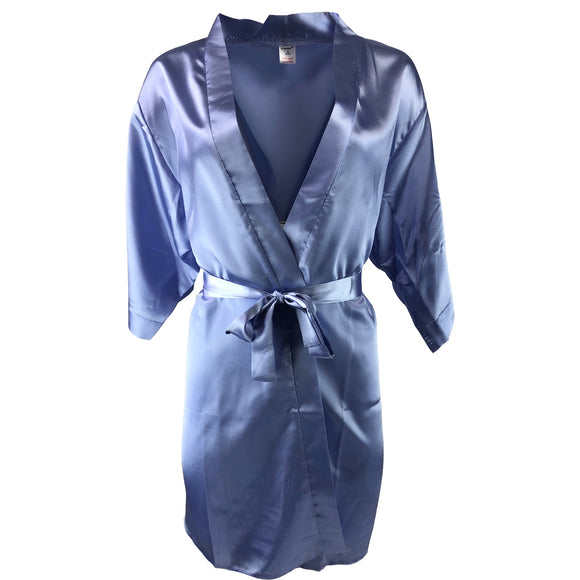 ladies plain lilac purple silky shiny satin short length dressing gown, bathrobe, wrap, kimono with 3/4 length sleeves in UK sizes 8, 10, 16, 18,