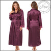 ladies plain mulberry purple silky shiny satin full length dressing gown, bathrobe, wrap, kimono with full length sleeves in UK plus sizes 14, 16, 18, 20, 22, 24, 26, 28