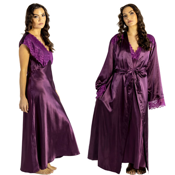 plain mulberry purple silky shiny satin and lace matching wide strap nightdress and dressing gown robe set which is full length in UK plus sizes 14, 16, 18, 20, 22, 24, 26, 28
