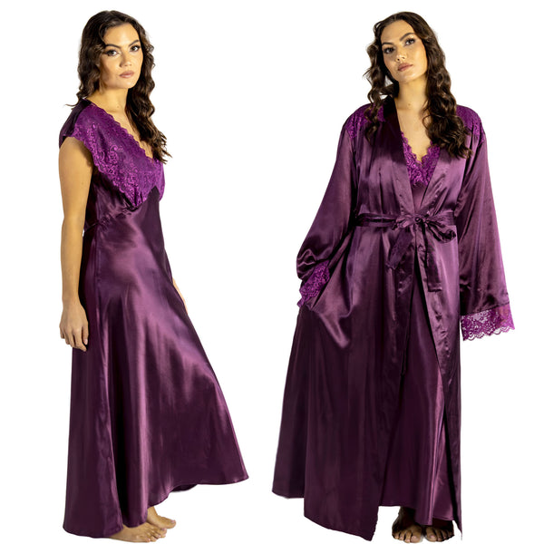 plain mulberry purple silky shiny satin and lace matching wide strap nightdress and dressing gown robe set which is full length in UK plus sizes 14, 16, 18, 20, 22, 24, 26, 28