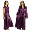 plain mulberry purple silky shiny satin and lace matching wide strap nightdress and dressing gown robe set which is full length in UK plus sizes 14, 16, 18, 20, 22, 24, 26, 28