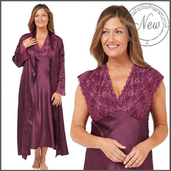 plain mulberry purple silky shiny satin and lace matching wide strap nightdress and dressing gown robe set which is full length in UK plus sizes 14, 16, 18, 20, 22, 24, 26, 28
