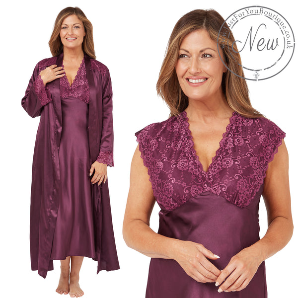 plain mulberry purple silky shiny satin and lace matching wide strap nightdress and dressing gown robe set which is full length in UK plus sizes 14, 16, 18, 20, 22, 24, 26, 28