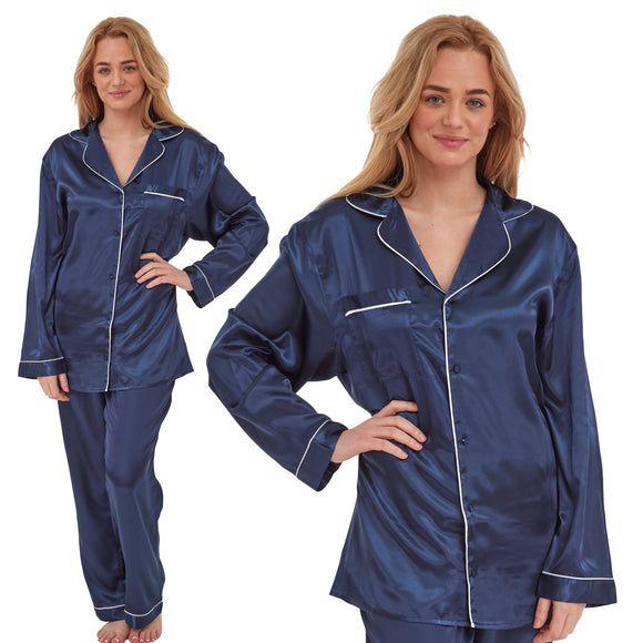 plain navy blue silky shiny satin pjs set consisting of a shirt style top with full length sleeves, a collar, top pocket and a button up front with matching full length trousers in UK plus sizes 14, 16, 18, 20, 22, 24,