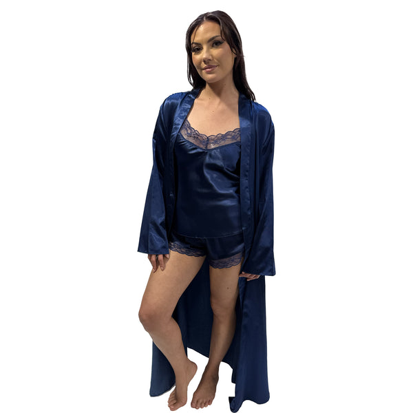 Plain navy silky shiny satin with lace trim pyjamas set with cami top with adjustable straps and French knickers, shorts with a purple full length wrap, robe in UK inclusive sizes 12, 14, 16, 18, 