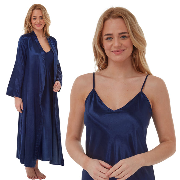 plain navy blue shiny silky warm lined satin matching string adjustable strap nightdress and dressing gown robe set which is full length in UK plus sizes 12, 14, 16, 18, 20, 22, 24, 26, 28, 30, 32, 34