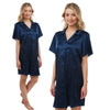 plain navy blue shiny silky satin nightshirt with a button front, collar, top pocket, short sleeve and shirt style hem in UK plus sizes 12, 14, 16, 18, 20, 22, 24, 26, 28, 30, 32, 34, 36, 38,