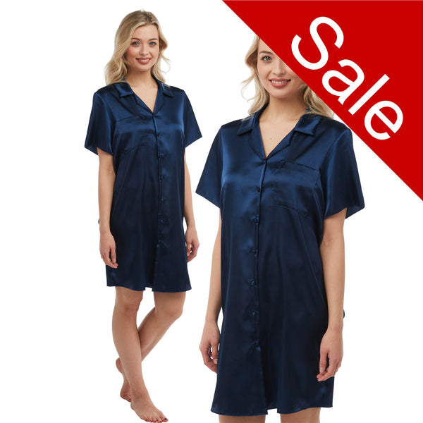 plain navy blue shiny silky satin nightshirt with a button front, collar, top pocket, short sleeve and shirt style hem in UK sizes 12, 14, 