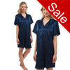 plain navy blue shiny silky satin nightshirt with a button front, collar, top pocket, short sleeve and shirt style hem in UK sizes 12, 14, 