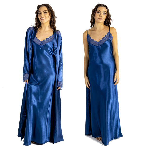 plain teal blue silky shiny satin and lace matching string adjustable strap nightdress and dressing gown robe set which is full length in UK plus sizes 14, 16, 18, 20, 22, 24, 26, 28