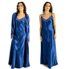 plain teal blue silky shiny satin and lace matching string adjustable strap nightdress and dressing gown robe set which is full length in UK plus sizes 14, 16, 18, 20, 22, 24, 26, 28