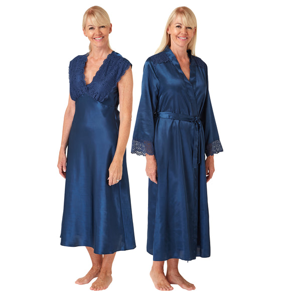 plain teal blue silky shiny satin and lace matching wide strap nightdress and dressing gown robe set which is full length in UK plus sizes 14, 16, 18, 20, 22, 24, 26, 28
