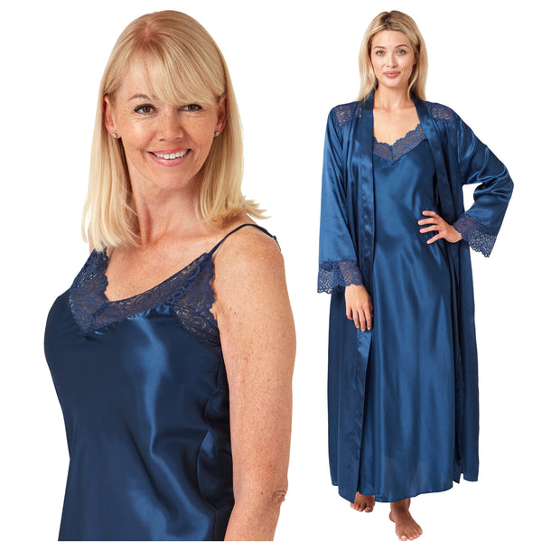 plain teal blue silky shiny satin and lace matching string adjustable strap nightdress and dressing gown robe set which is full length in UK plus sizes 14, 16, 18, 20, 22, 24, 26, 28