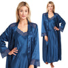 plain teal blue silky shiny satin and lace matching string adjustable strap nightdress and dressing gown robe set which is full length in UK plus sizes 14, 16, 18, 20, 22, 24, 26, 28