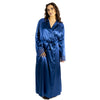 ladies plain teal blue silky shiny satin and lace full length dressing gown, bathrobe, wrap, kimono with full length sleeves trimmed with lace in UK plus sizes 14, 16, 18, 20, 22, 24, 26, 28