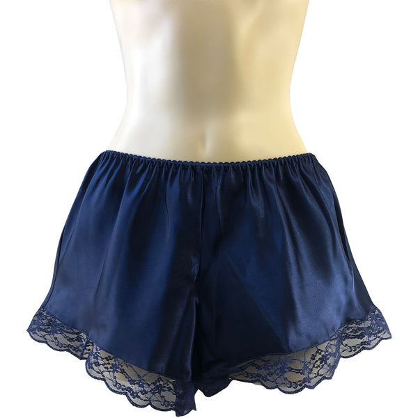 plain navy blue satin and lace French knickers shorts in UK plus size 8, 10, 12, 14, 16, 18, 20, 22, 24
