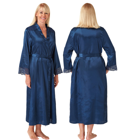 ladies plain teal blue silky shiny satin and lace full length dressing gown, bathrobe, wrap, kimono with full length sleeves trimmed with lace in UK plus sizes 14, 16, 18, 20, 22, 24, 26, 28