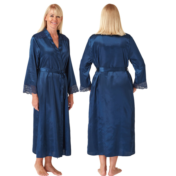 ladies plain teal blue silky shiny satin and lace full length dressing gown, bathrobe, wrap, kimono with full length sleeves trimmed with lace in UK plus sizes 14, 16, 18, 20, 22, 24, 26, 28